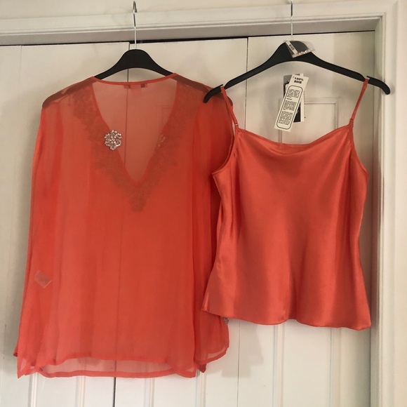 NWT Coral SILK Chiffon Blouse and SILK Satin matching camisole set - Picture 3 of 14